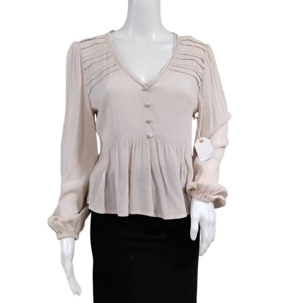 NWT Coco + Jaimeson Gauzy Coquette Whimsy Babydoll Peplum Top Beige Womens Small - Picture 1 of 9